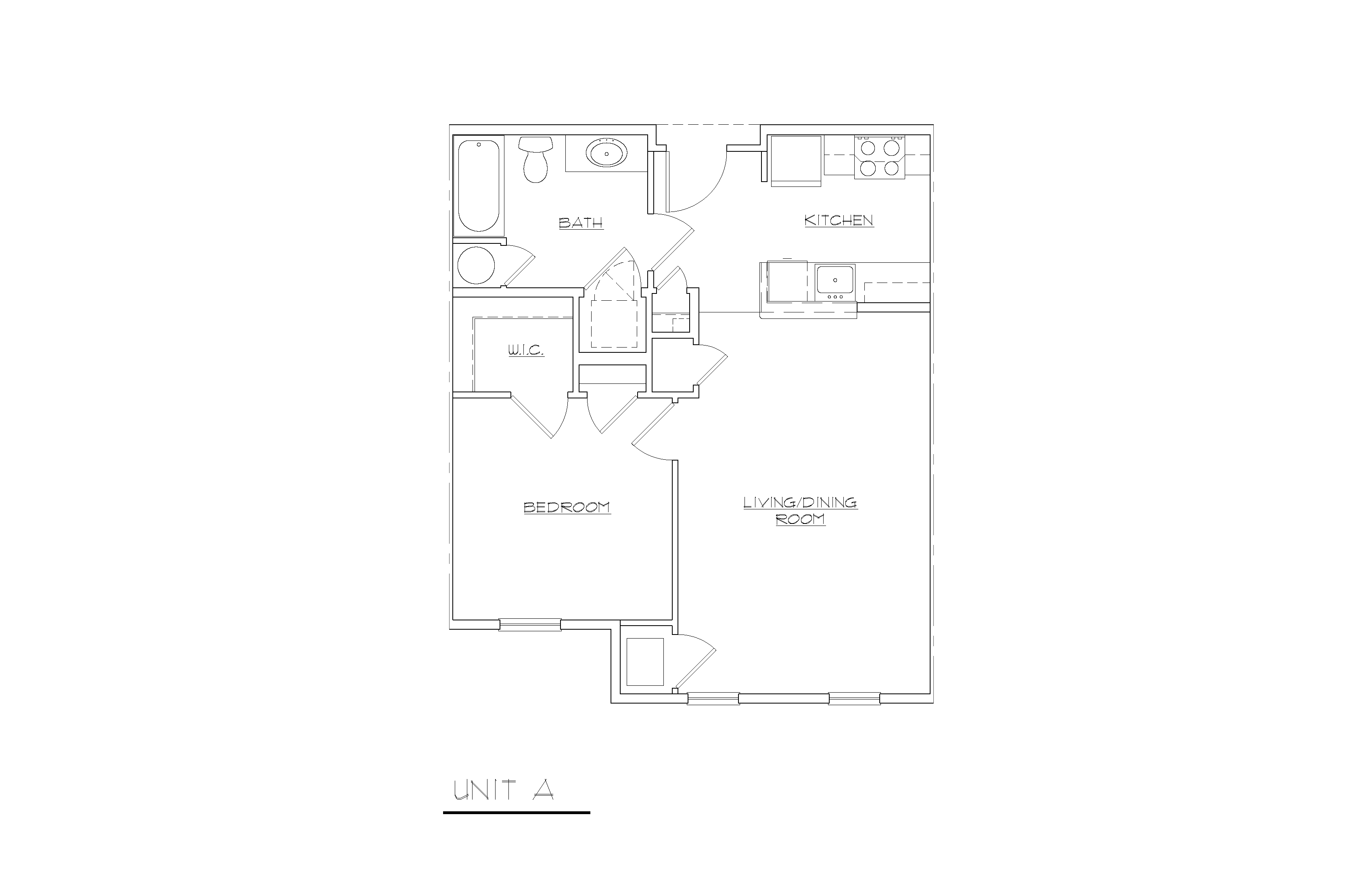 Floor plan for 1 bed, 1 bath, 668 sqft